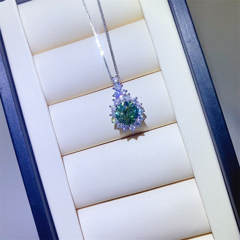 925 Sterling Silver Green Moissanite Pendant Necklace | 6mm Round Cut with Halo Design