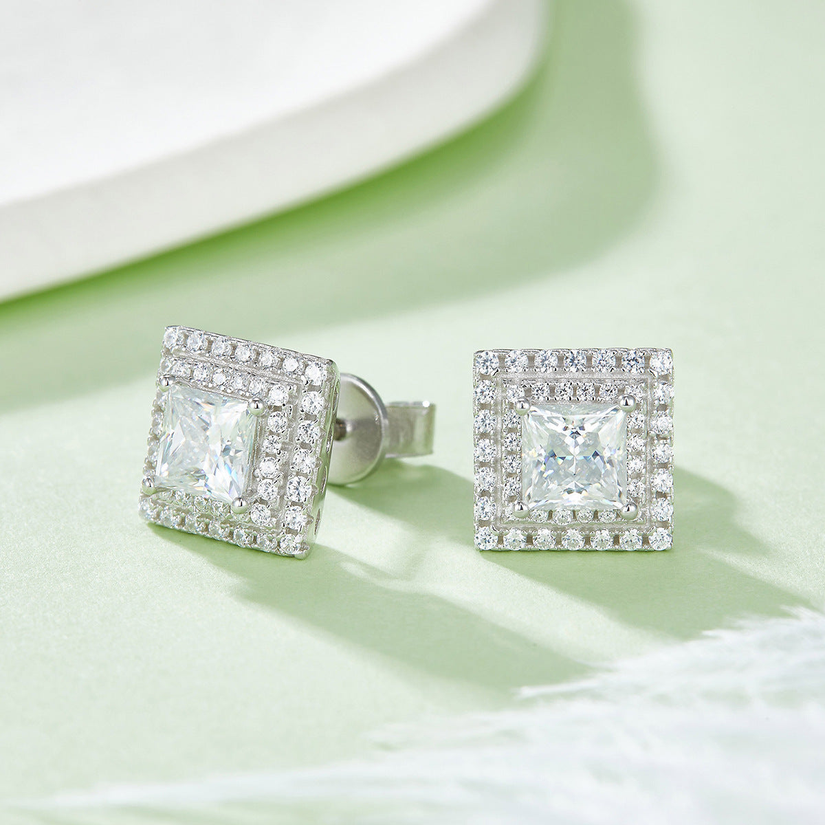 Moissanite Princess Square Rings Ear Studs Necklace Three-piece Set
