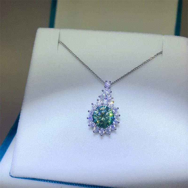 925 Sterling Silver Green Moissanite Pendant Necklace | 6mm Round Cut with Halo Design