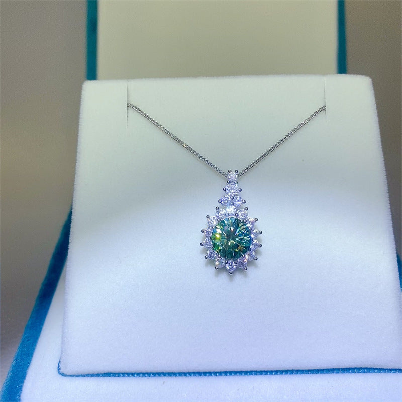 925 Sterling Silver Green Moissanite Pendant Necklace | 6mm Round Cut with Halo Design