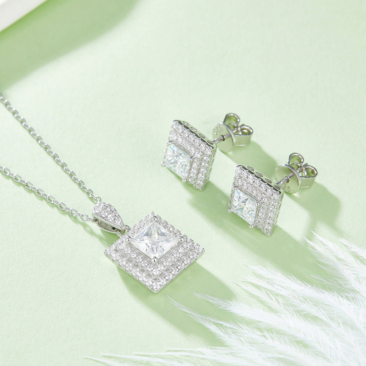 Moissanite Princess Square Rings Ear Studs Necklace Three-piece Set