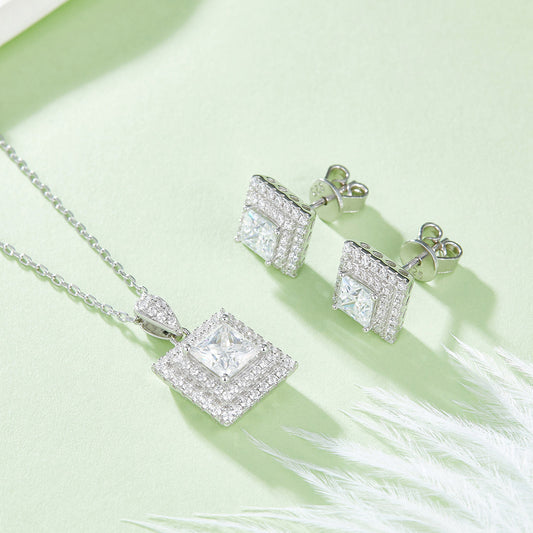 Moissanite Princess Square Rings Ear Studs Necklace Three-piece Set