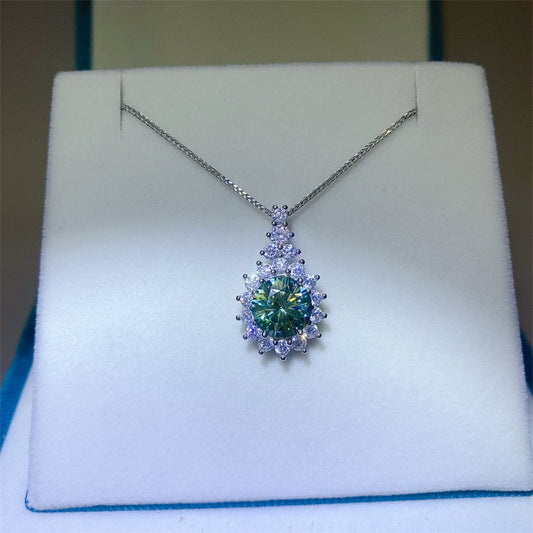 925 Sterling Silver Green Moissanite Pendant Necklace | 6mm Round Cut with Halo Design