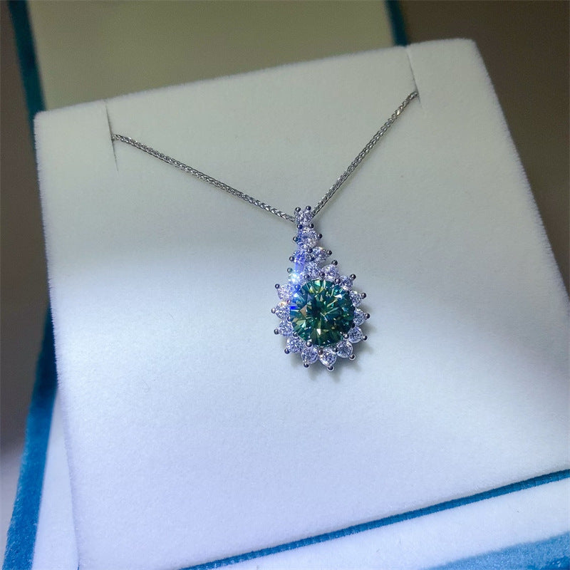 925 Sterling Silver Green Moissanite Pendant Necklace | 6mm Round Cut with Halo Design